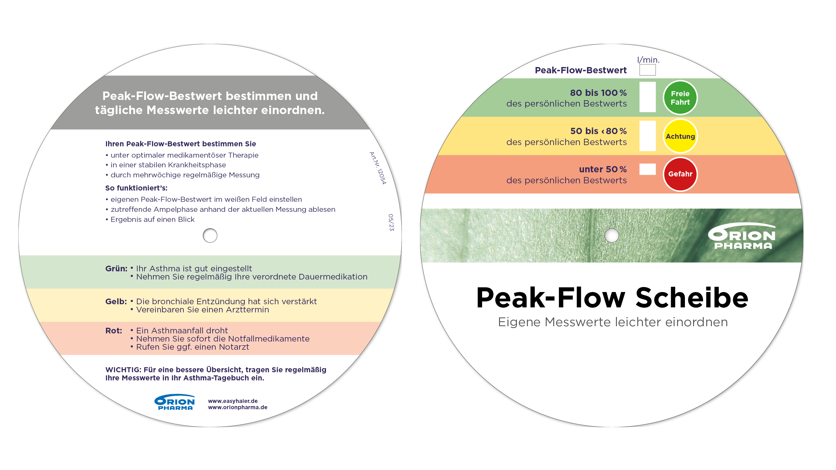 Foto einer Peak-Flow-Scheibe zur einfachen Ermittlung der Ergebnisse der Peak-Flow-Messung
