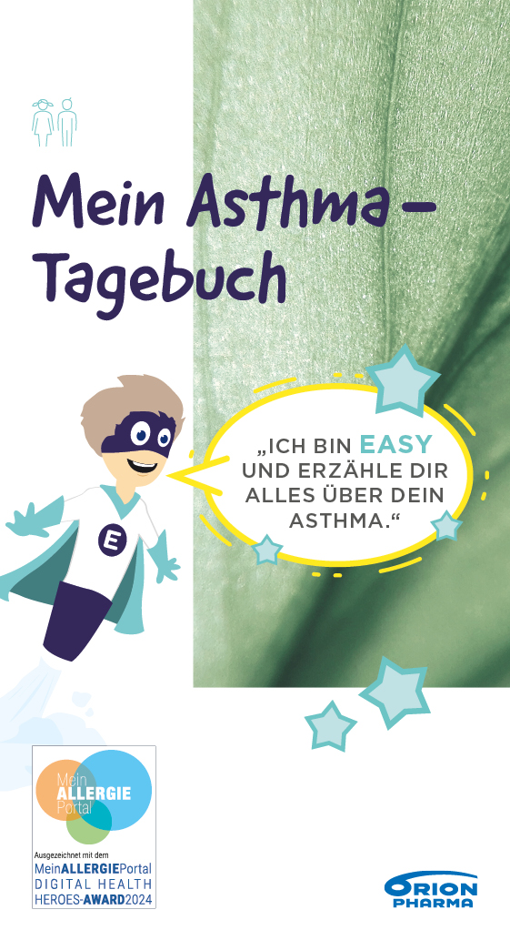 Cover eines Asthma-Tagebuchs für Kinder mit der Figur "Easy" und dem Text "Ich bin Easy und erzähle dir alles über dein Asthma.